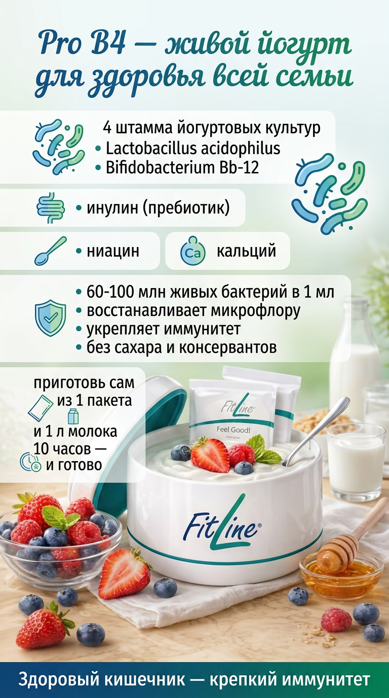 FitLine Pro B4 Yoghurt-Drink — живой йогурт, который заселяет кишечник полезными бактериями