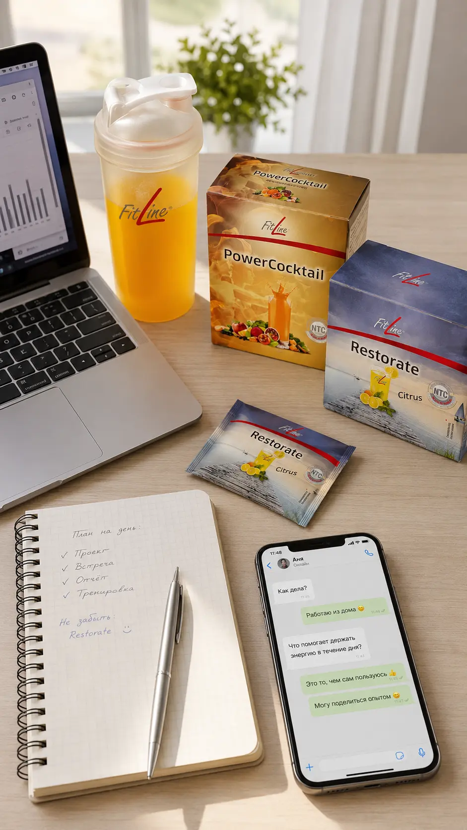Партнёрство FitLine: ноутбук и продукты PowerCocktail и Restorate на рабочем столе — как зарабатывать на рекомендациях