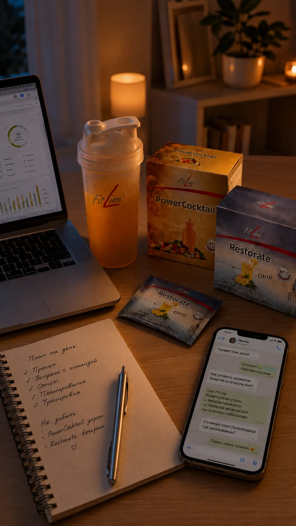 Бизнес FitLine и PM-International: рабочее место партнера - ноутбук, план на день и продукты
