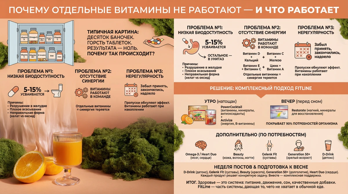 Почему отдельные витамины не работают — и что работает