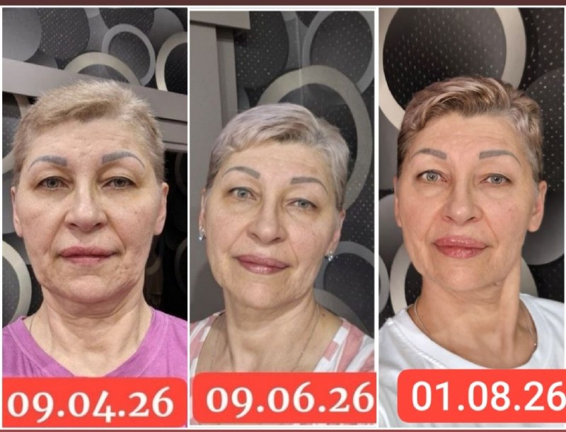 Три портрета женщины с датами апреля, июня и августа 2026 года